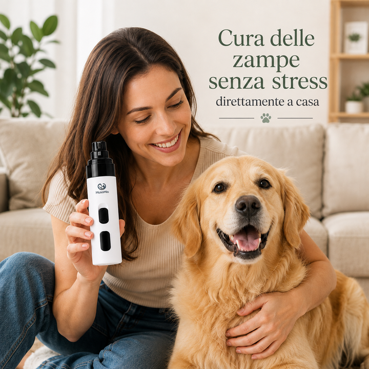 Persona e cane durante una routine serena di cura delle zampe con LimaZampa